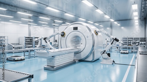 Modern mri scanner machine inside a bright medical manufacturing factory floor