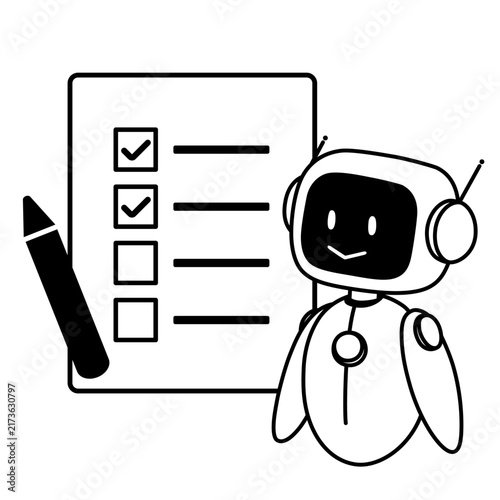 Robot assistant checking off task list, line art illustration