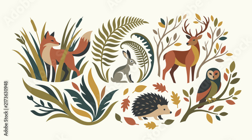 Woodland animals and autumn botanical elements in flat vector style