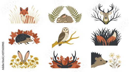 Forest animal icons with autumn leaves and flowers