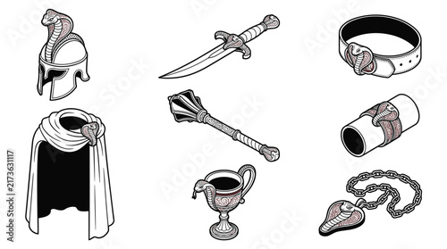 Fantasy warrior equipment set with cobra motif line art