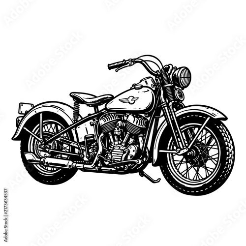 Fotografie Vintage motorcycle line art illustration, classic motorbike sketch on white background