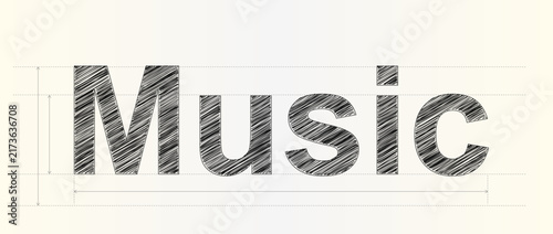 Creative concept typography featuring the word music written with a hand drawn sketch style design