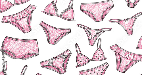 Foto Hand Drawn Pink Lingerie Seamless Pattern Vector Background with Hand Sketches o