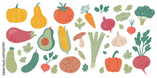 Vegetable Silhouette Illustration Set Flat Cartoon Style On Transparent Background