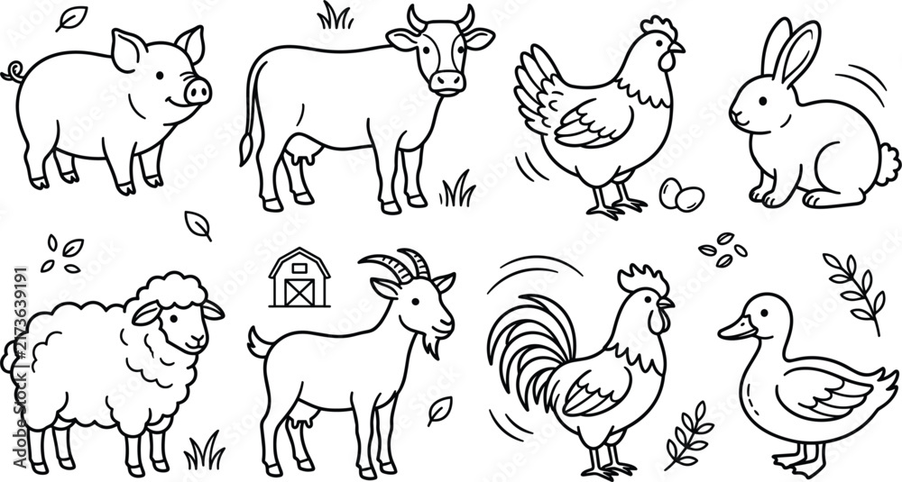 Obraz premium Cute Farm Animals Line Icon Set with Cow, Pig, Chicken, Sheep, and Goat Symbols for Kids Coloring Books, Educational Designs, and Agriculture Logos