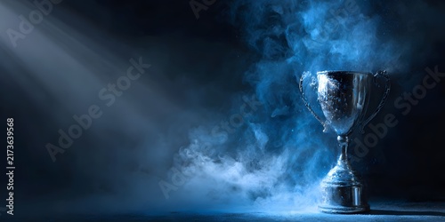 Silver trophy cup glowing in dramatic blue smoke and beam of light
