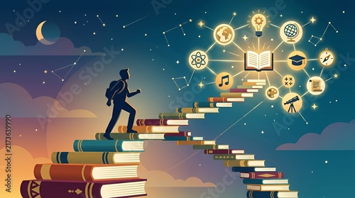 Man climbing book stairs towards glowing educational knowledge symbols.