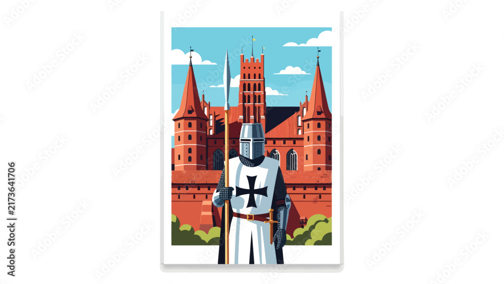 Naklejka premium Medieval Teutonic Knight Guarding Red Brick Castle