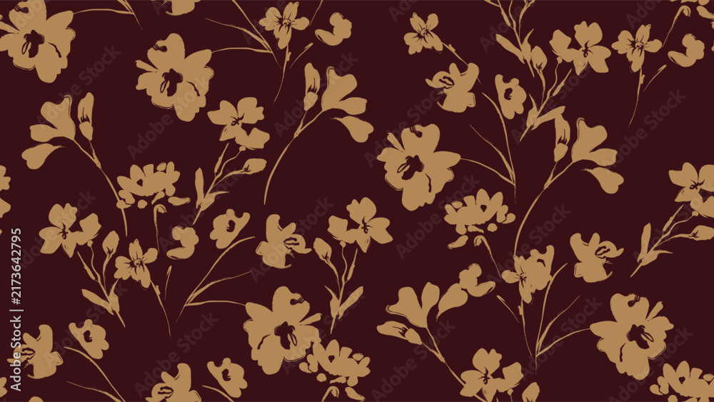 Obraz premium Floral seamless pattern features brown wildflowers silhouettes on a dark red background. The flowers have a painterly, slightly abstract quality