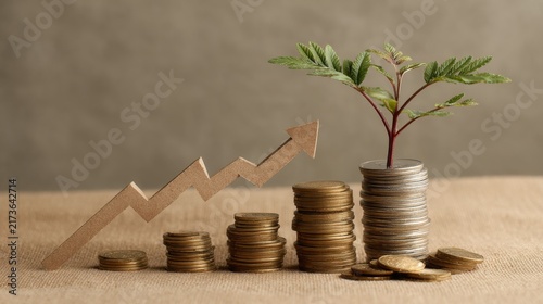 Coins arranged beside a growth arrow and green plant symbolizing financial growth, investment success, wealth accumulation, business profit, savings, economic progress, financial planning, money manag