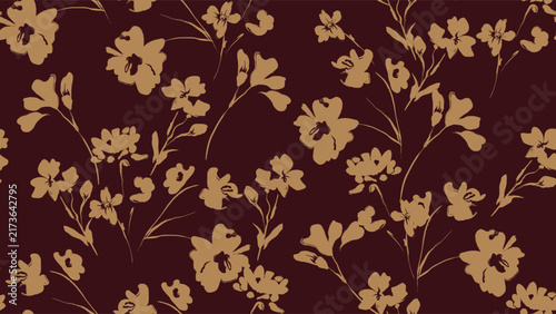 Floral seamless pattern features brown wildflowers silhouettes on a dark red background. The flowers have a painterly, slightly abstract quality