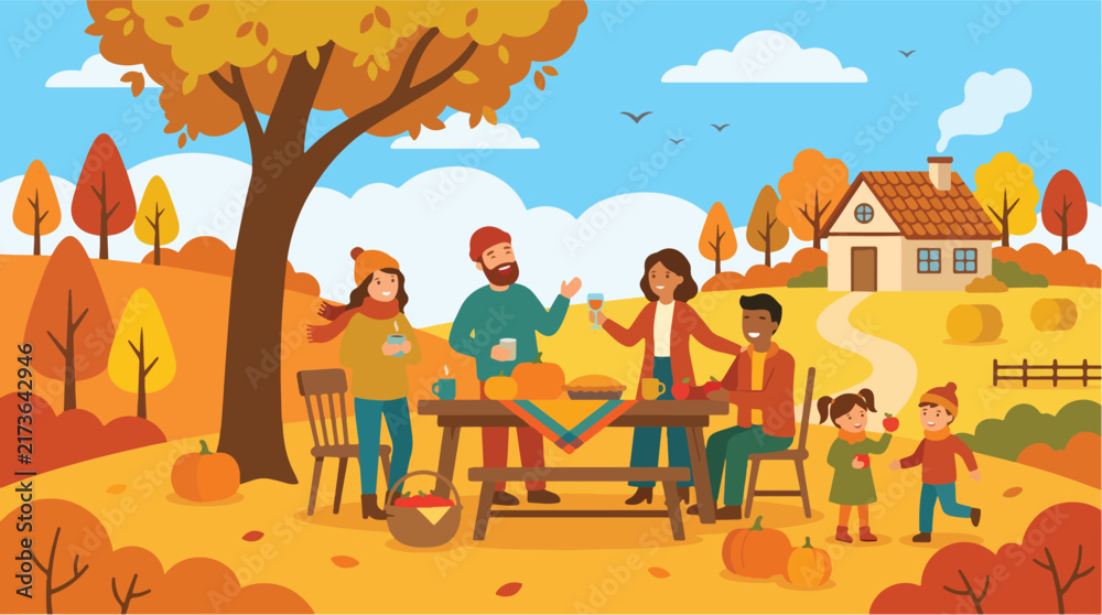 Naklejka premium Joyful multicultural family gathering for a festive outdoor feast during the colorful autumn season near a rustic countryside home surrounded by vibrant foliage and cheerful children playing