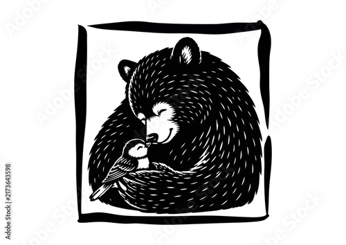 Bear and Bird Nuzzling Silhouette in Hand-Drawn Frame, Black Ink Woodcut Style Illustration

