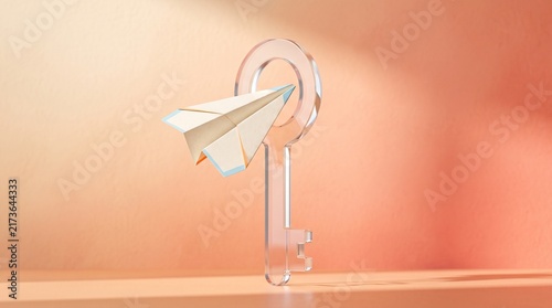 Paper airplane flying through transparent glass key loop, symbolizing key to success, message transmission, and creative solution