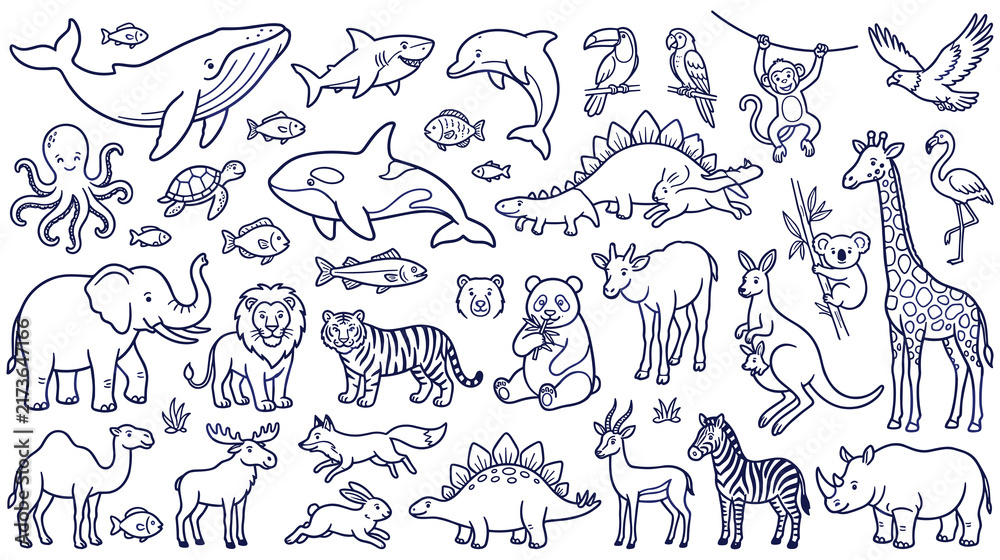 Obraz premium Diverse wild animal collection in bold outline style for educational art design.