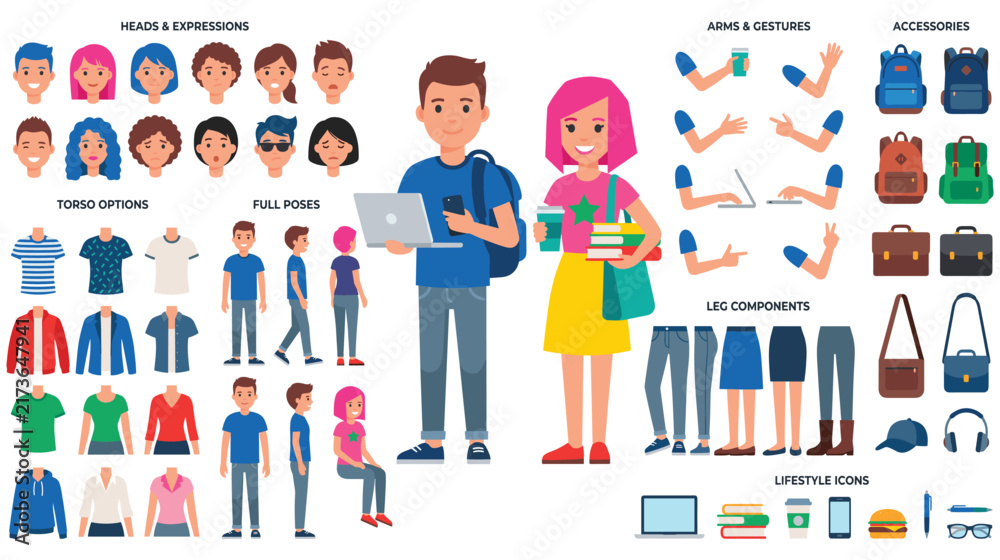 Fototapeta premium Student character construction kit with poses clothes and accessories set.