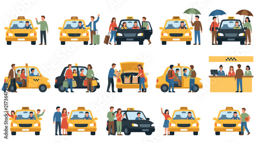 Fotografie Taxi transport service illustration collection featuring yellow cab passenger