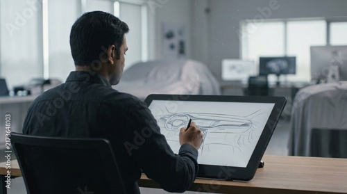 A car designer intently sketches a futuristic vehicle on a large digital tablet in a modern studio, surrounded by prototypes and design renderings.