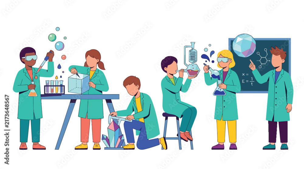 Fototapeta premium Elementary school students conducting chemical experiments and stem learning in a modern flat vector illustration for primary education and science outreach programs