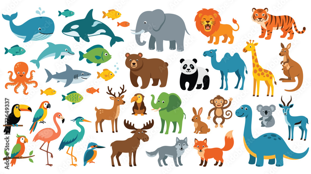 Obraz premium Set of cute wild animals with vibrant colors for educational kids book projects.