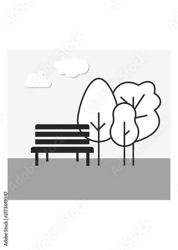 Minimalist park bench icon with outline trees and soft clouds on a grey background for outdoor and nature concepts.