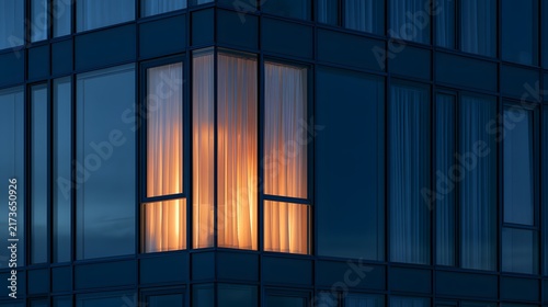 Single warm light glowing through corner window of modern building at night.