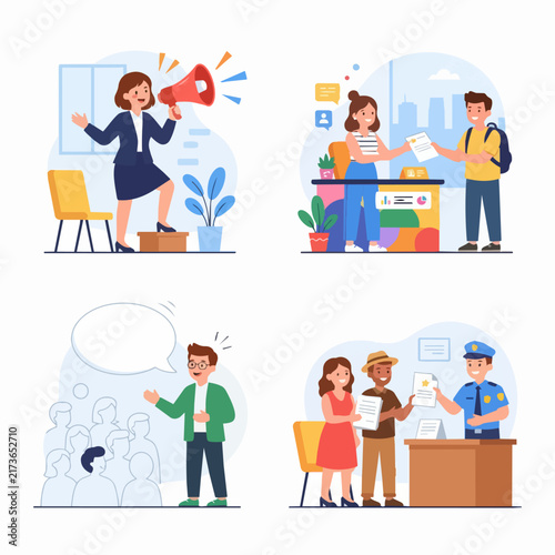 Illustrated Scenes of Work Education and Community Life.