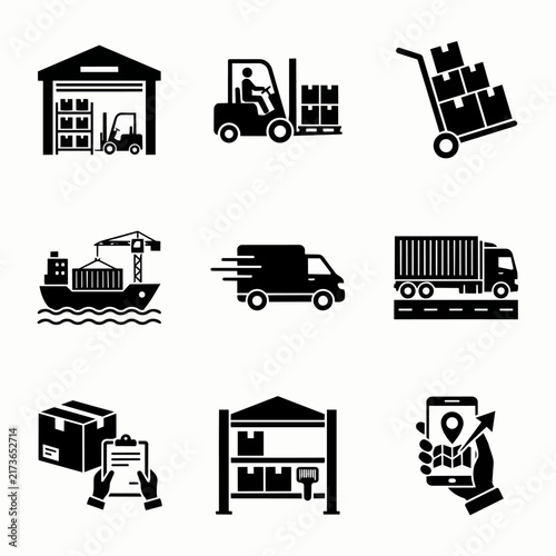 Logistics and shipping industry icon set in black.
