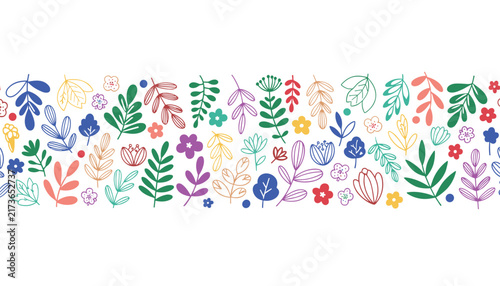 Beautiful seamless horizontal border of hand-drawn colorful flowers, wild herbs, and leaves on a white background.