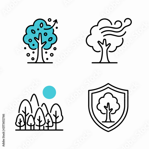 Minimalist line art icons of trees and nature symbols.