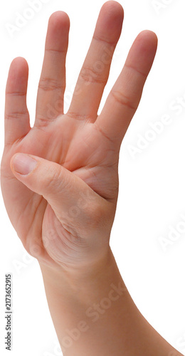 A hand holding up four fingers against a transparent background.