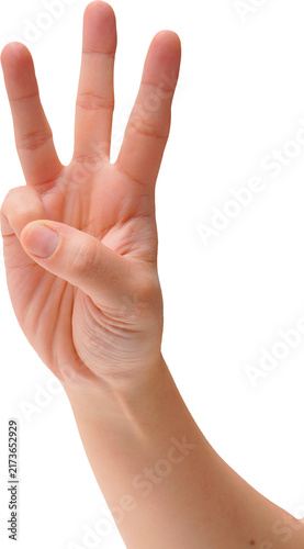Image of a hand holding up three fingers on a transparent background.