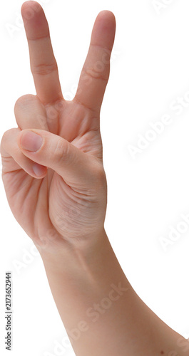 Hand making the victory and peace sign on a transparent background