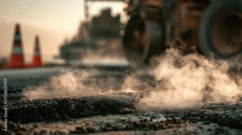 Road Construction Process with Hot Asphalt and Steam.