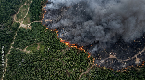 Aerial View of Large Wildfire Destroying Pine Forest