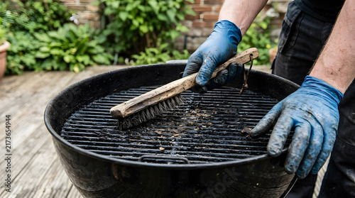 Person Scrubbing Dirty Outdoor BBQ Grill Grate with Wire Brush | Cleaning Barbecue Grill Grate with Wire Brush Outdoors | Close Up of Hand Scrubbing Charcoal Grill Grate with Brush 