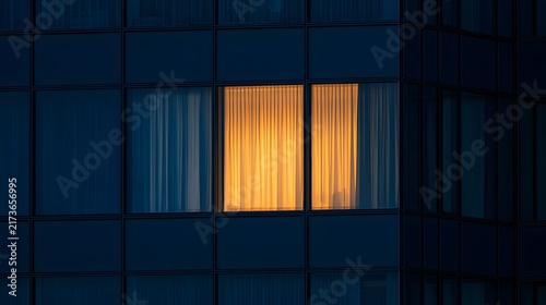 Single warm illuminated window on dark modern office building at night.