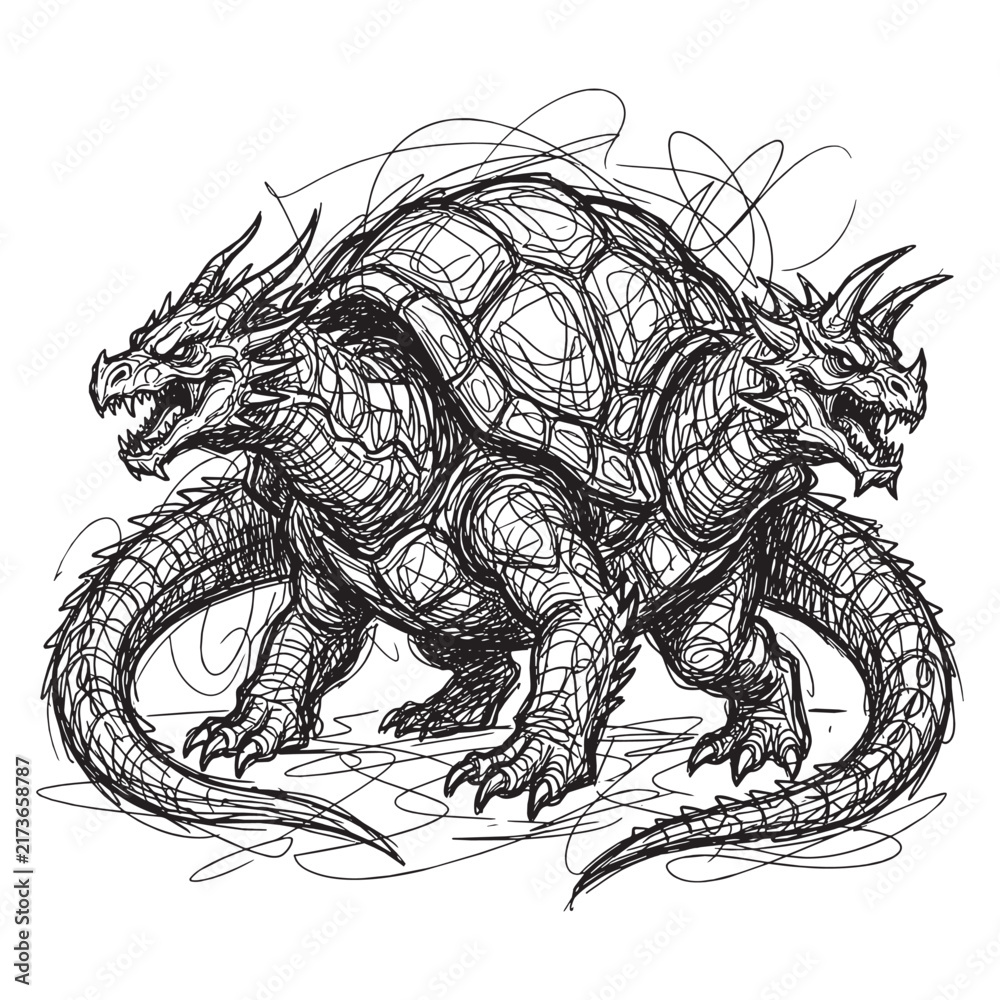 Fototapeta premium Abstract sketch of a mythical two-headed dragon turtle monster, gestural scribble illustration with expressive line art on white background.
