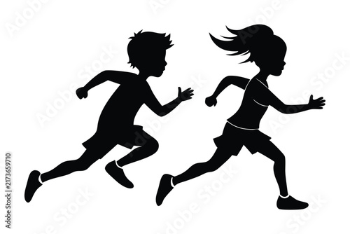 Silhouette illustration of a boy and girl running together showing movement and speed