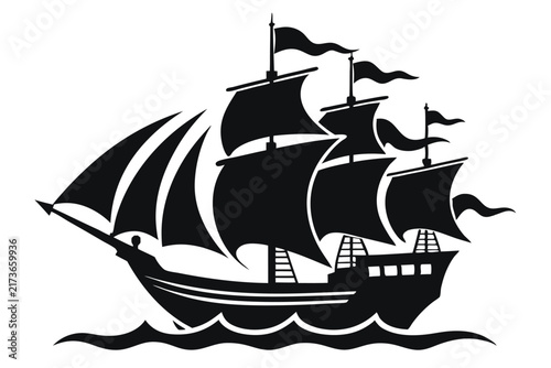 Silhouette of a classic sailing ship on the water with flags and sails against white background