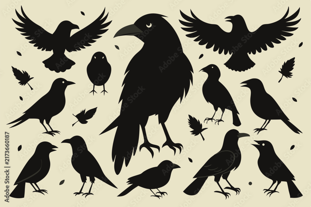 Naklejka premium Silhouettes of crows and ravens in various poses with autumn leaves and background.