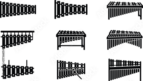 Bild auf Leinwand Xylophone and marimba musical instruments outline icons set featuring various pe