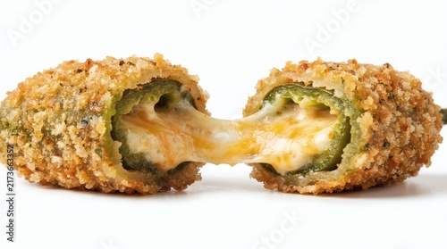Single Jalapeño Popper Cut Half Melted Cheese Stretching Pure White Background Close Up


