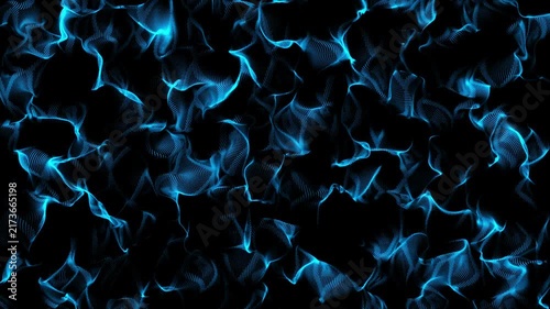 Abstract colorful digital waves formed by glowing particles flow across a dark background