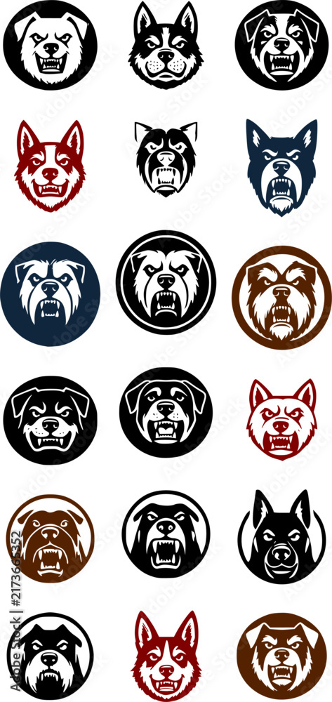 Fototapeta premium Big set of aggressive dog logos. Vector icons of angry bulldog, pit bull and shepherd faces in sports mascot style