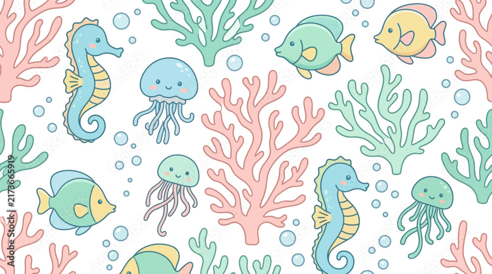 Naklejka premium Cute Underwater Creatures and Coral Pattern