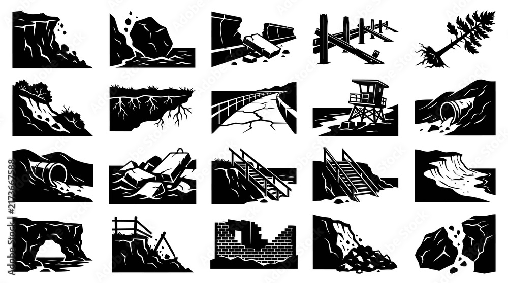 Fototapeta premium Natural Disasters and Environmental Damage Glyph Icons. Black White Vector Set of Landslide, Erosion, Catastrophe Symbols