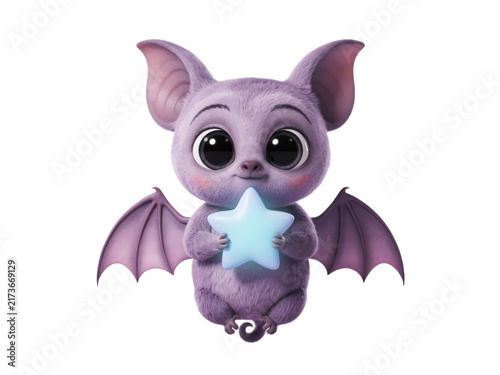 Whimsical cartoon bat holding a glowing magic star, a charming fantasy creature in a delightful illustration
