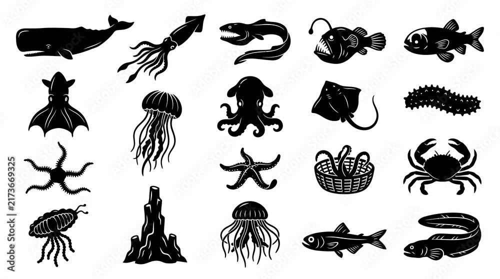 Obraz premium Oceanic Marine Life Animals Vector Icons Set. Sea Creatures Black and White Silhouette Glyphs Collection